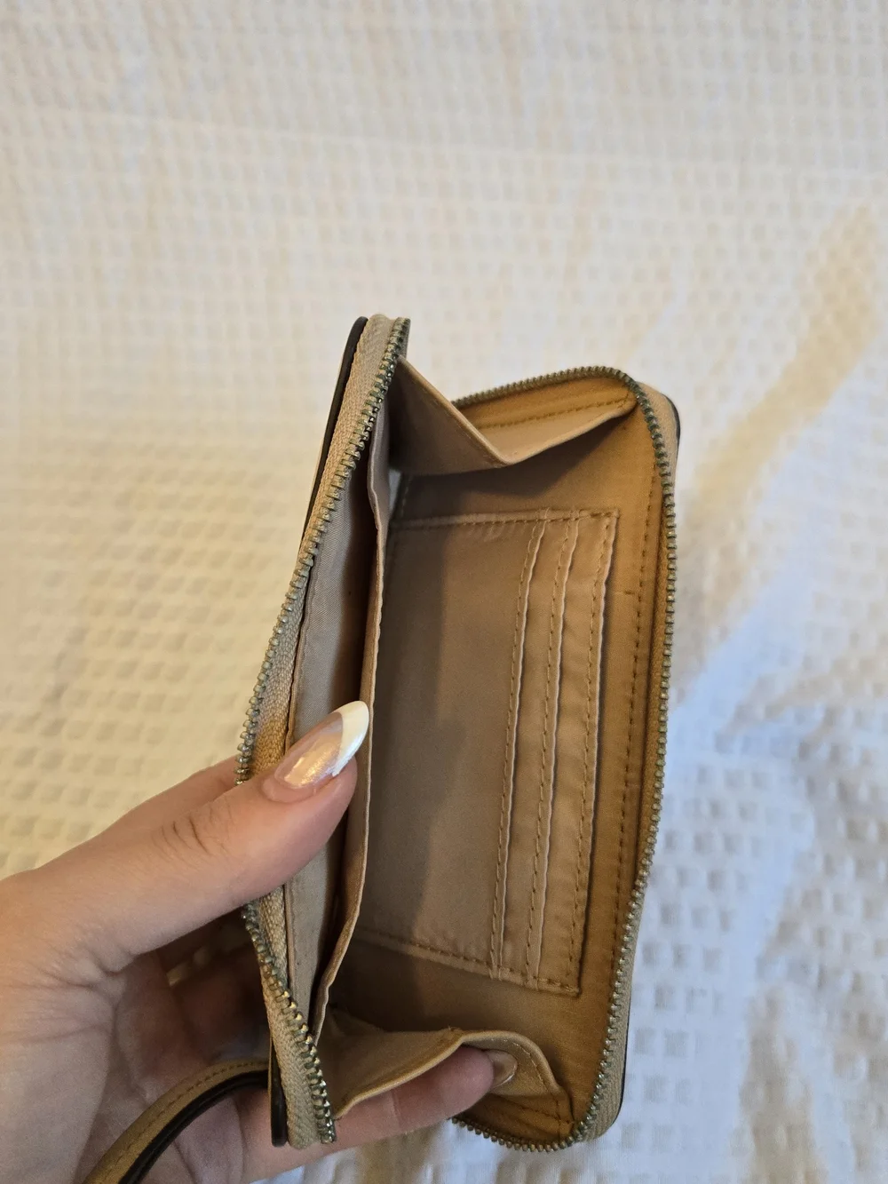 COACH Beige Perforated Zip Wristlet Wallet with Wrist Strap